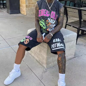 Ensemble 2 pièces personnalisé : T-shirt sans manches en coton et short pour homme, imprimé sérigraphié, effet délavé à l'acide, ourlet brut, style décontracté jogger - Product Image 6