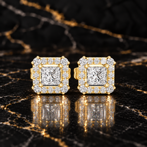 Princess Cut Lab Grown <b>Diamond</b> 14K 18K Solid Gold <b>Square</b> Halo Pave Stud <b>Earring</b> 0.50CT DEF VVS Fine Jewelry Engagement Stud ODM - Product Image 1