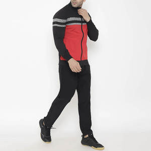 Ensemble de survêtement pour homme noir et rouge à blocs de couleur, manches longues, col montant, fermeture éclair, coupe droite, pour l'automne, avec poches latérales - Product Image 4