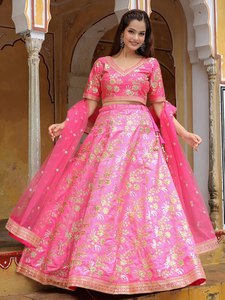 Candy Pink <b>Sequin</b> Work Floral Print Backless Organza Lehenga Choli V-Neck Three Quarter Sleeve A-Line Bridesmaid Dress - Product Image 2