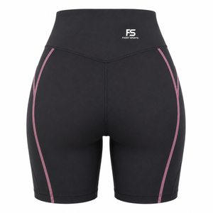 Shorts cycliste taille haute pour femme, noir et rose poudré, avec passepoil contrastant, logo personnalisé, compression, pour gym, yoga et activewear, marque privée, vente en gros - Product Image 2