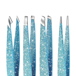 Pince à épiler professionnelle en acier inoxydable pour sourcils, faible MOQ, luxe, bleue, 4 pièces, pointues, obliques, plates, angulaires, durables, avec étui - Product Image 6