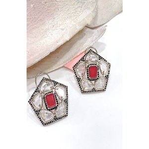 Dazzling Geometric <b>Stud</b> Earrings With Red Crystal And Rhinestones Antique <b>Silver</b> Plated For Women Party Wear Vintage Style - Product Image 1