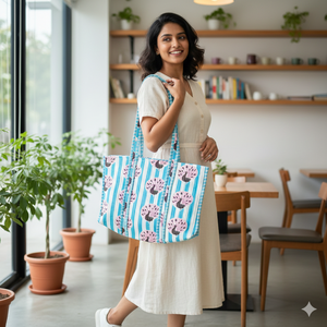 Sac fourre-tout en coton matelassé à rayures bleues et imprimé paon, fait main, pour femme, à porter à l'épaule, réutilisable, grande capacité, écologique, pliable - Product Image 2