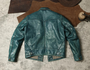 Blouson de moto en cuir véritable vert pour homme, col montant, fermeture éclair, coupe classique, idéal pour l'hiver, logo frontal apparent - Product Image 4