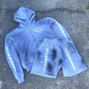 Meichao MIXED EMOTION Sudadera con Capucha de Forro Polar Transpirable con Estampado Desgastado para Verano, Diseño 2 en 1, Conjunto Casual de Pantalones Cortos para Hombre y Mujer - Product Image 2