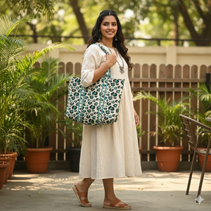 Sac fourre-tout en coton matelassé à imprimé léopard vert, fait main, pour femme, à porter à l'épaule, réutilisable, pour le shopping, les voyages, la plage, grande capacité - Product Image 2