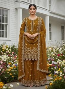 Cosido Sharara Gharara bordado indio trabajo tradicional étnico conjunto de 3 piezas Georgette seda invierno verano boda Diwali - Product Image 5