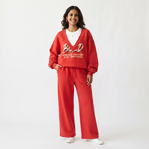 <b>Women</b> Printed Cotton Fleece Tracksuit <b>V</b>-<b>Neck</b> <b>Sweatshirt</b> With Letter Print Loose Fit Full Length Pants Casual Autumn Wear Set - Product Image 1