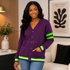 Cosh International Sisterhood Sorority <b>Purple</b> Knitted <b>Cardigan</b> V-Neck Long Sleeve Casual Top With Green White Stripes Button - Product Image 4
