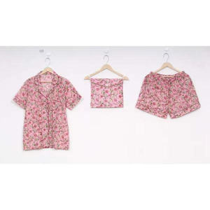 Ensemble décontracté 2 pièces pour femme, automne, 100 % coton tissé, motif floral, respirant, taille élastique, col rabattu, taille mi-haute, manches courtes, collection 2026 - Product Image 3