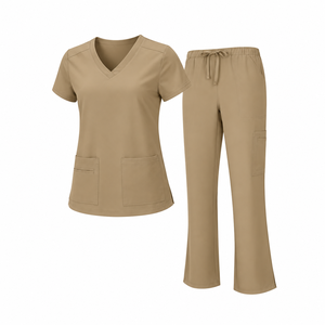 Light Grey Medical Scrub Set <b>Womens</b> V Neck Short Sleeve Pocket Top Drawstring <b>Trousers</b> Nursing Uniform Hospital Clinic <b>Workwear</b> - Product Image 3