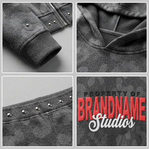Survêtement gris à capuche pour femme BRANDNAME, fermeture éclair intégrale, motif à pois, style décontracté avec poches latérales, impression par transfert thermique - Product Image 6