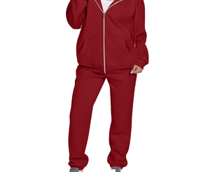 Chándal con capucha de color liso para mujer, cierre de cremallera completa, al por mayor, rojo, 100% algodón, material de peso medio, bolsillos laterales - Product Image 2