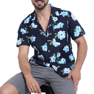 Camisa Casual de Manga Corta con Estampado Floral para Hombre, Azul Marino, Cuello Clásico, 100% Algodón Popelina, Transpirable, para Verano, Playa, Estilo Hawaiano - Product Image 1