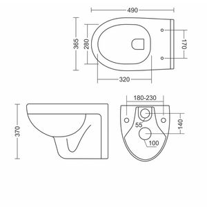 Inodoro suspendido de pared con forma sigma, moderno y avanzado, de 490x365x370 mm, de cerámica, para uso comercial en baños. - Product Image 2