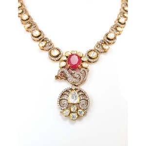 925 Silver Victorian Polki CZ <b>Ruby</b> Peacock Pendant <b>Necklace</b> Earring Set Indian Bridal Handmade Antique Gold Plated Ethnic - Product Image 2