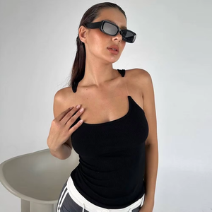 Women Black Knitted <b>Crop</b> <b>Top</b> Square Collar Sleeveless Minimalist Style Breathable Spandex Polyester Spring Summer Wear - Product Image 3