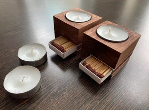 Handmade Wooden <b>Tea</b> <b>Light</b> Candle Holder | Rustic Solid Wood Votive Holders with Matchbox Drawer | Natural Home Décor & Gift - Product Image 2