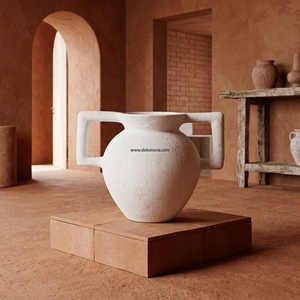 Vase amphore en céramique rustique blanc Ancas, fait main, en terre cuite, avec deux poignées, décoratif, pour table - Product Image 2