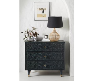 Luxury Handcrafted Solid Wood 3 Drawer Dresser Ornate Peacock Floral Vine Carving Matte Black Finish - Product Image 1