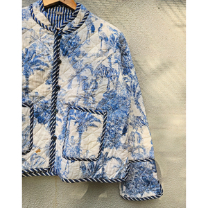 Handmade Blue White Floral <b>Quilted</b> Cotton <b>Jacket</b> Reversible Padded Coat with Pockets for Women Mandarin Collar gift for her - Product Image 3