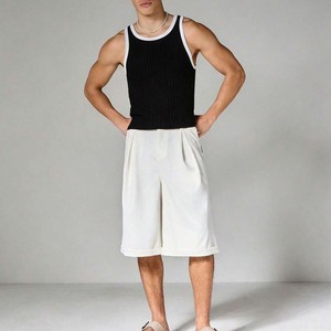 2026 New Arrival <b>Men's</b> Black Ribbed Knit Tank Top With <b>White</b> Trim Casual Sleeveless <b>Vest</b> O-Neck Solid Color Breathable Fit <b>Vest</b> - Product Image 3