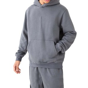 Survêtement gris à capuche pour homme, coupe droite, couleur unie, décontracté, avec poches latérales, idéal pour l'automne, 100 % coton, poids moyen - Product Image 3