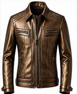 Blouson moto en cuir véritable beige pour homme, col rabattu, fermeture éclair, coupe ajustée, manches classiques, couleur unie, automne - Product Image 1