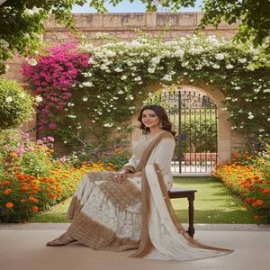 VASTRA COTTAGE Ensemble haut, pantalon palazzo et dupatta en georgette bicolore, brodé et entièrement cousu, avec travail de sequins, tenue de soirée pour femme - Product Image 3