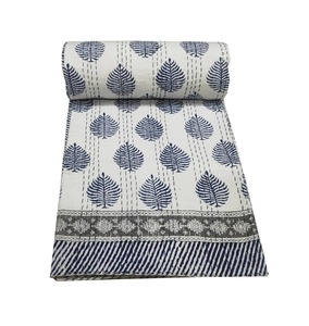 New Beautiful Blue White Hand Block Print Kantha <b>Quilt</b> Indian Cotton Handmade Bedspread Kantha Bedding Throw Kantha Queen/King - Product Image 4