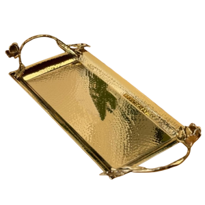 Standard Hand Hammered Design Table Decorative <b>Serving</b> <b>Tray</b> Best Quality <b>Gold</b> Metal <b>Tray</b> With Floral Accent Handle For Wedding - Product Image 2