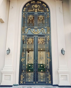 Portes d'entrée de sécurité en fer forgé cintrées sur mesure avec verre décoratif, battantes, finies, résistantes à l'eau, pour extérieur - Product Image 3
