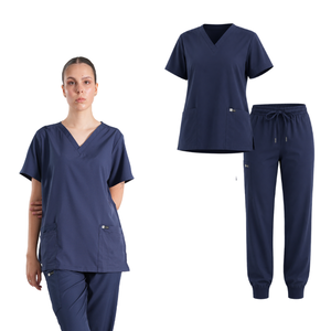 Conjunto de Uniforme Médico para Mujer, Color Azul Marino, Blusa con Cuello en V y Bolsillos, Pantalones Tipo Jogger, Tela Tejida de Algodón y Poliéster - Product Image 1