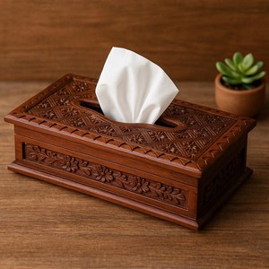 Premium Engraved <b>Floral</b> Pattern Carved Wooden Tissue <b>Box</b> & Holder for Dining Room and Bedroom - Product Image 1
