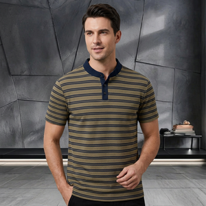 T-shirt à manches courtes en tricot rayé pour homme, avec bordure contrastée, logo sur le devant, coupe classique, décontracté, mélange de coton, été - Product Image 4