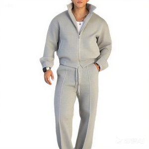 Custom Mens Waffle Knit Full <b>Zip</b> Eco-Friendly Breathable Winter Tracksuit Wholesale 2 Piece Textured <b>Hooded</b> Sweatsuit Set - Product Image 3