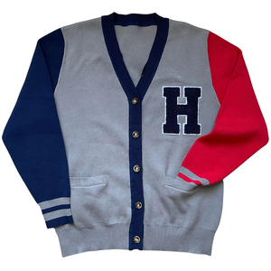 Cárdigan Gris con Cuello en V para Mujer, Manga Larga, Estilo Preppy, Logotipo de la Letra H, Bolsillos, Suéter de Punto 100% Acrílico, para Todas las Temporadas - Product Image 1