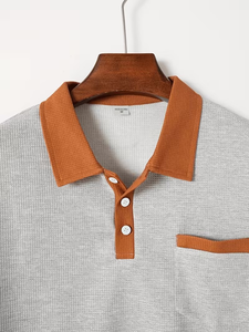 Men's Gray Polo Shirt Set Solid Color Knitted Cotton Casual Summer Wear With Pocket And Drawstring Shorts - Product Image 5