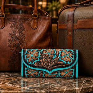 Hand Tooled Floral Leather Western Wallet for Women Turquoise Embossed Cowgirl Clutch Wallet <b>Long</b> Leather Organizer Purse Gift - Product Image 2