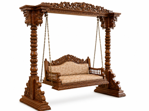 Balançoire 3 places en teck massif sculpté motif paon, artisanale, pour hall d'entrée – Fabricant de Jhula en bois pour intérieur - Product Image 2