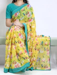 Sarees de Georgette con Estampado Floral en Varios Colores, Venta al Por Mayor, Prenda Tradicional India, Ligeros, con Borde de Encaje, Sarees de Chifón para Fiestas - Product Image 5