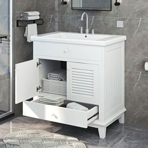 Mobile Bagno Bianco da 30 Pollici con Lavabo, Due Ante e Un Cassetto - Elegante Mobiletto per Bagno - Product Image 1