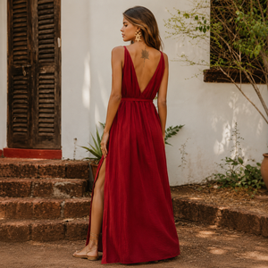 Women's Burgundy Sleeveless Maxi Dress Deep V Neck Side Slit Natural Waist Breathable Elegant Evening Party Cocktail Summer - Product Image 3
