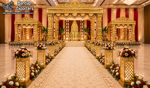 Grandioso Mandapam Dorado Manavarai para Ceremonia de Boda Tamil, Decoración de Lujo con Kalyanam Dorado Tallado en Fibra para Grandes Eventos - Product Image 3