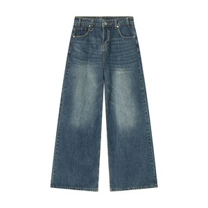 Jean en denim bleu clair pour homme, coupe large, taille haute, décontracté, longueur intégrale, en coton délavé, style streetwear, mode quotidienne - Product Image 5