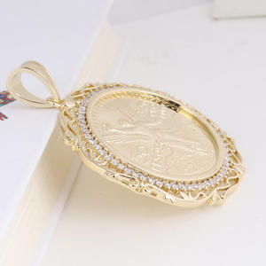 Lab Grown Diamond Mexican Angel Coin Pendant Gold Filigree <b>Frame</b> Necklace - Product Image 2