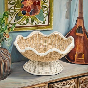 Bol de piédestal en rotin tissé à la main panier de fruits en osier décoratif avec bord festonné pour la cuisine à manger Boho décor à la maison rustique - Product Image 4