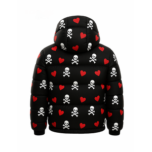 Chaqueta Acolchada Negra para Hombre con Estampado de Calavera y Corazón, con Capucha, Estilo Urbano, para Invierno, Ajuste Musculoso, OEM, Cremallera Personalizada, 300 Gramos, Impermeable - Product Image 4