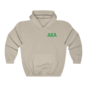 Sudadera con Capucha AKA Crest de Renombre Mundial, Color Beige Arena con Bordado Verde, Sudadera Personalizada con Diseño Griego - Product Image 1